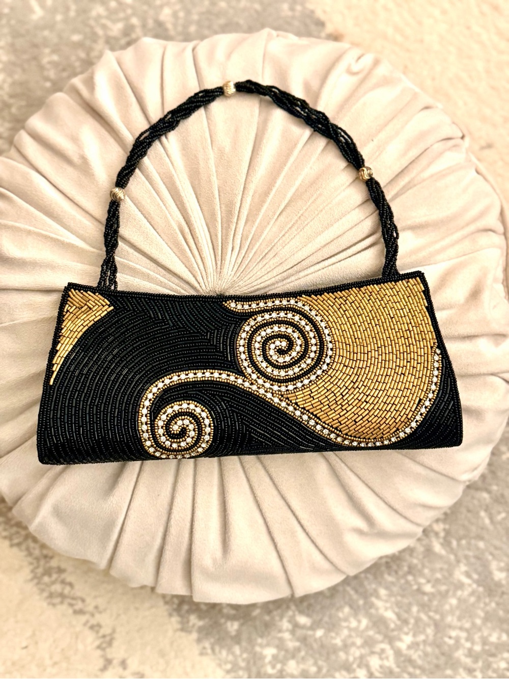 Vintage Black & Gold Beaded Evening Bag Rhinestone Swirl Clutch